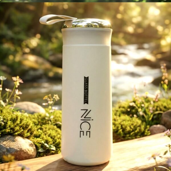 White Glass Water Bottle – Leakproof & Protective Cover 400 ML