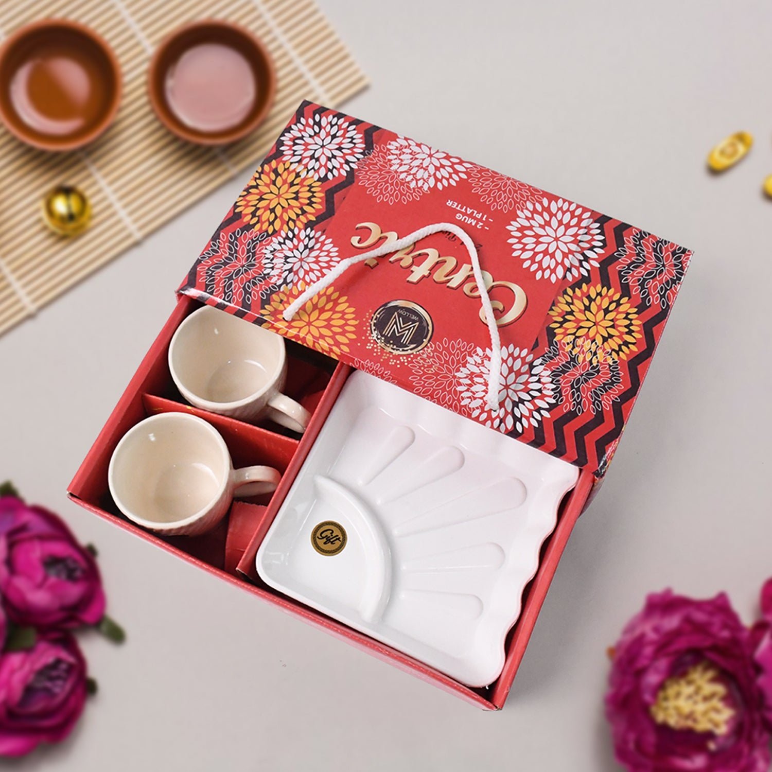 Ceramic Tea Cup Set – Includes Plastic Square Serving Platter