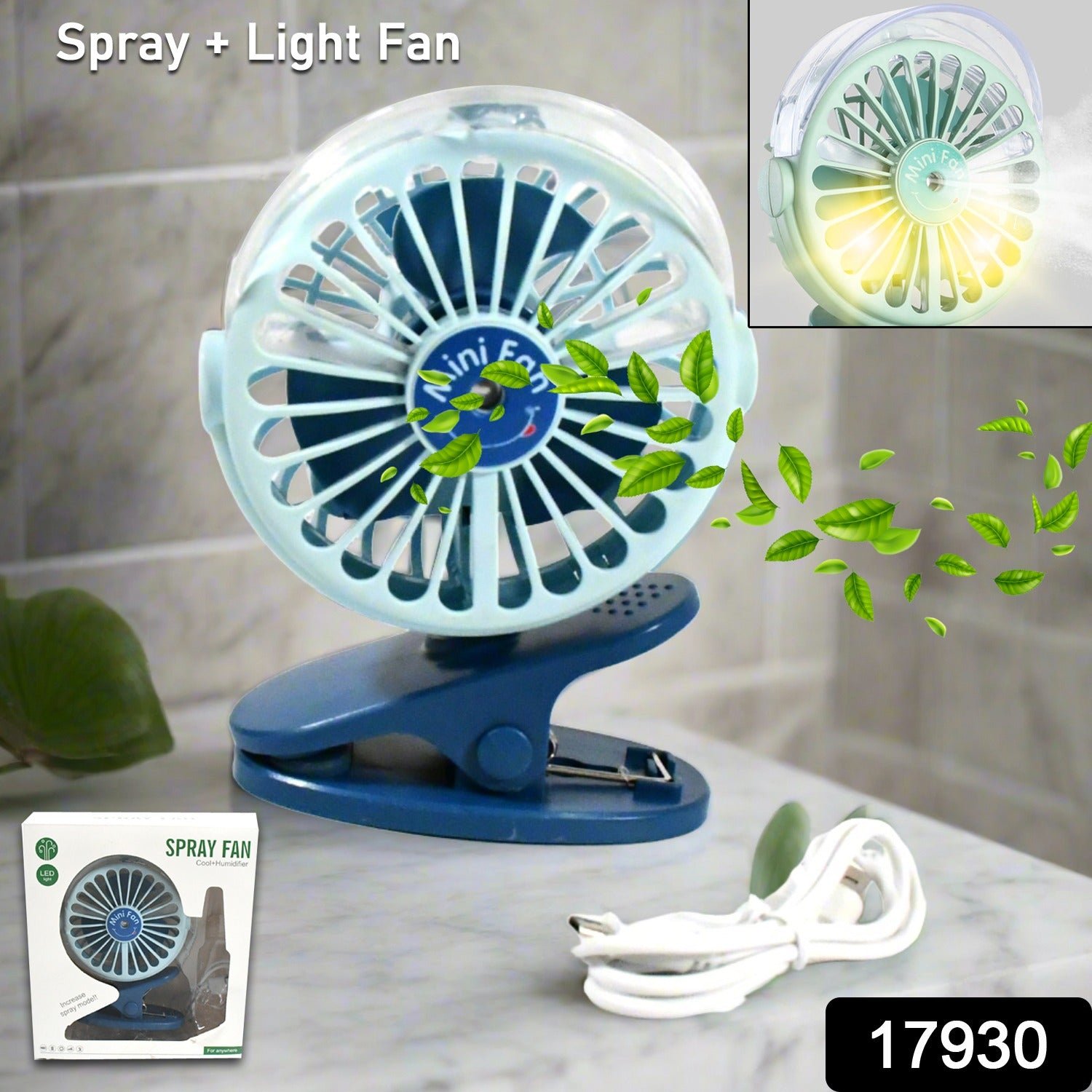 Portable Clip-on Fan – USB, 3-Speed, Light & Spray |