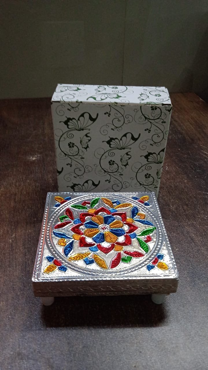 Meenakari Wooden Chowki – Handmade Puja Bajot Set for Home | VoltDesk