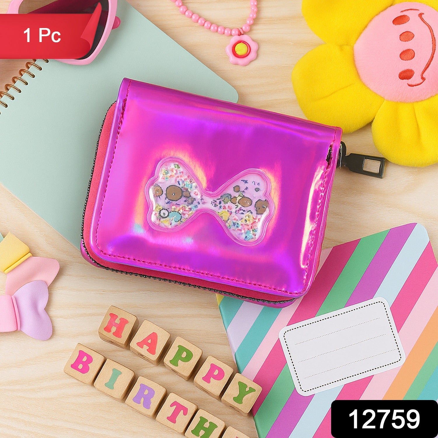 Kids Wallet – Vibrant Holographic Zip Closure with Glitter Bow