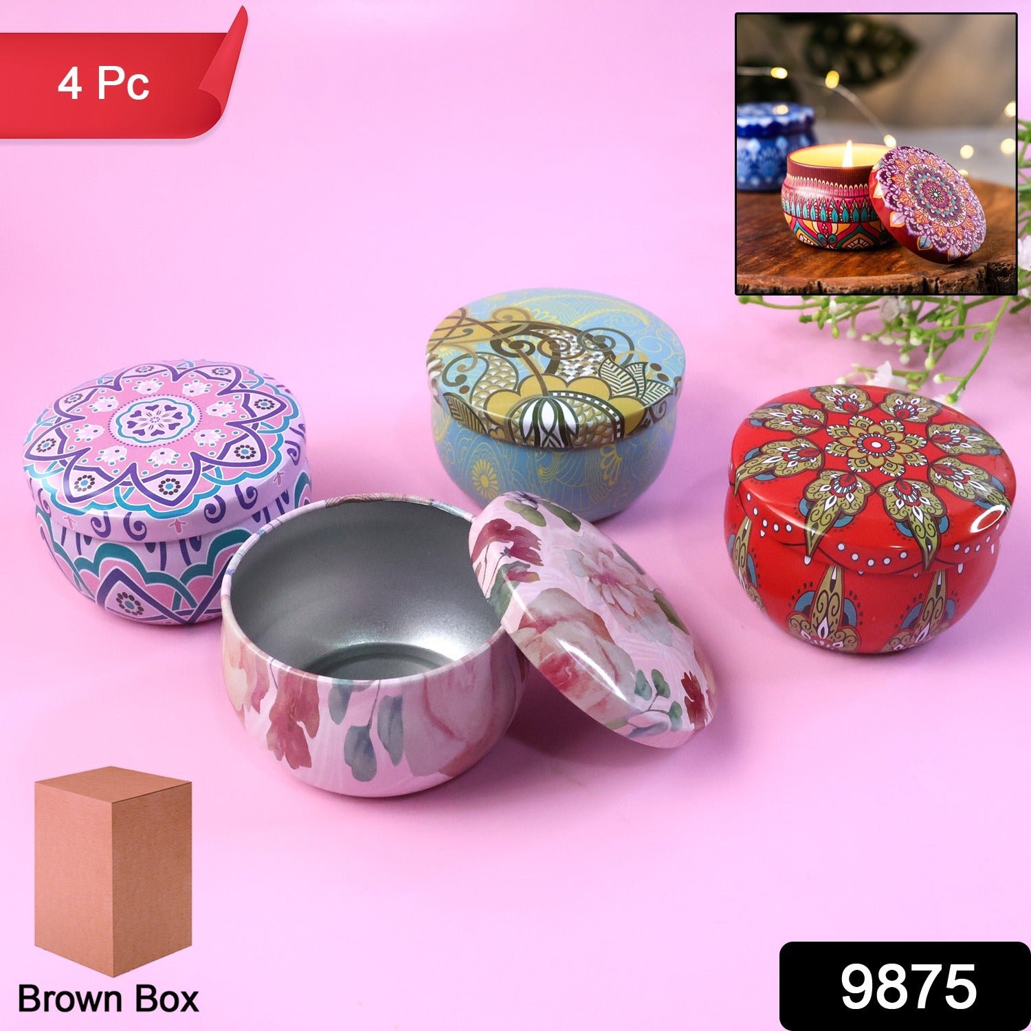 Mandala Printed Metal Candle Container – Reusable 4 Piece Set