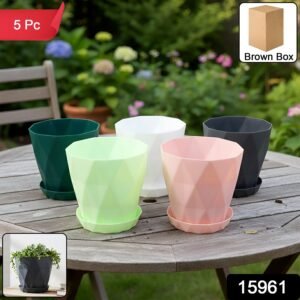 Diamond Design Plastic Flower Pot Set – Stylish 5-Piece Planters with Drain Tray