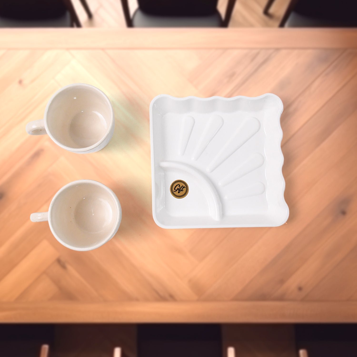 Ceramic Tea Cup Set – Includes Plastic Square Serving Platter