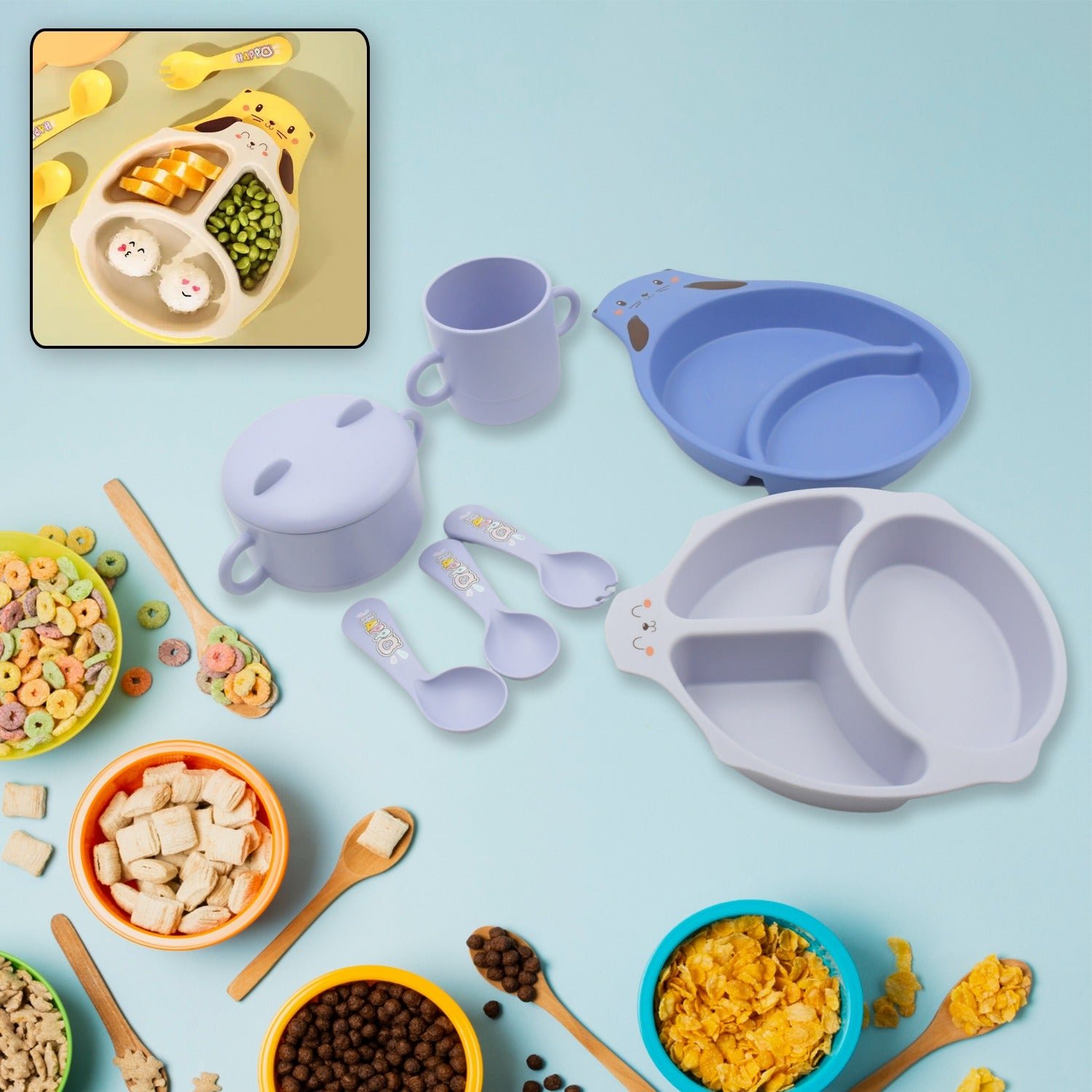 Bamboo Fibre Baby Feeding Set – 7 Pcs Dinnerware | Baby Ladle
