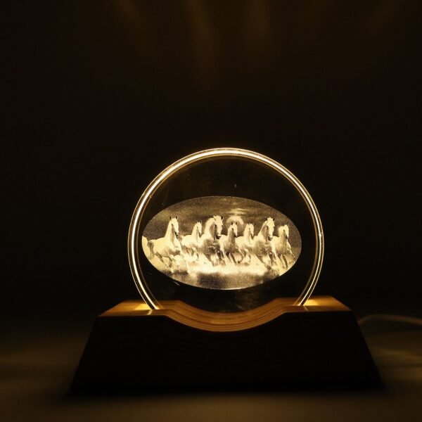 3D Crystal LED Table Lamp – Running Horses on Wooden Base
