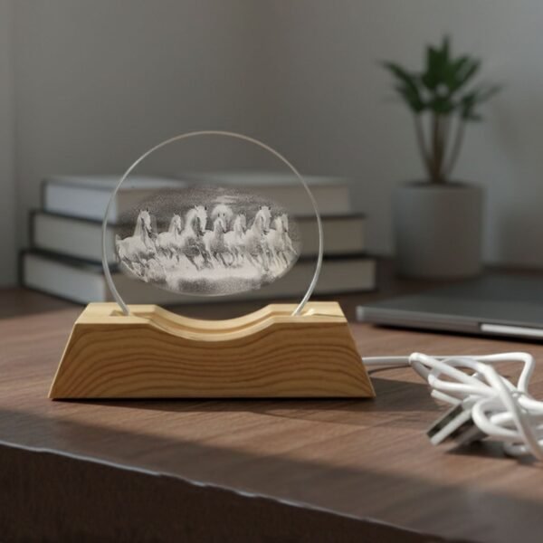 3D Crystal LED Table Lamp – Running Horses on Wooden Base