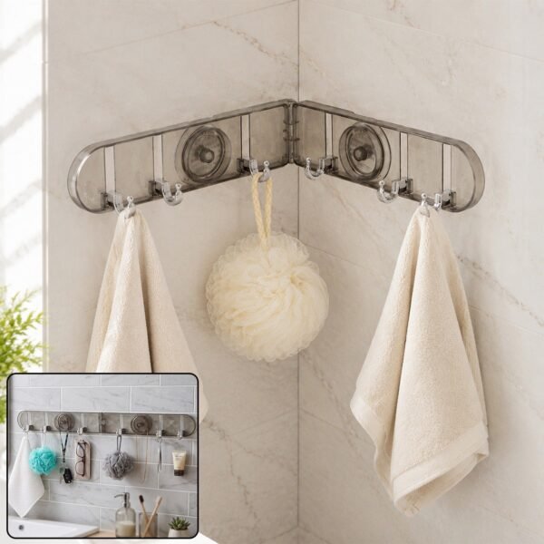 6 Hook Foldable Wall Rack with Suction Cup Mount for Bathroom Kitchen (1 Pc)