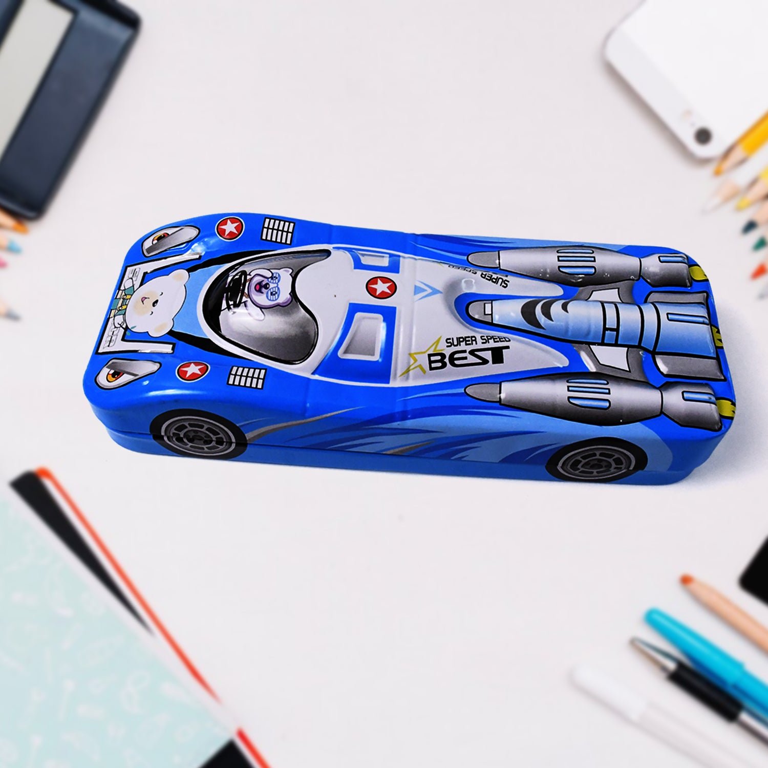 Car Shape Compass Box – Metal Pencil Case for Kids |