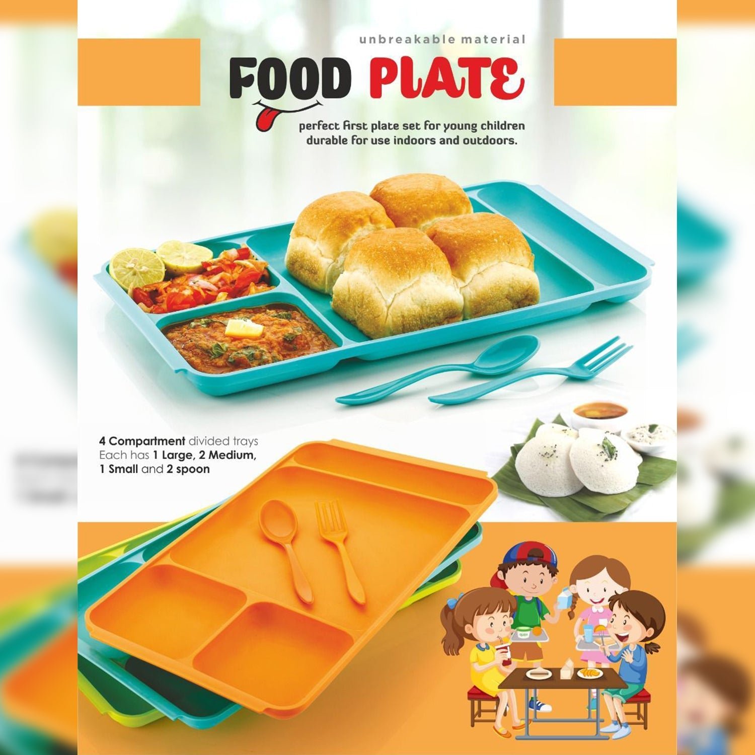 4-Compartment Plate – Plastic Dinner Set with Spoon & Fork |