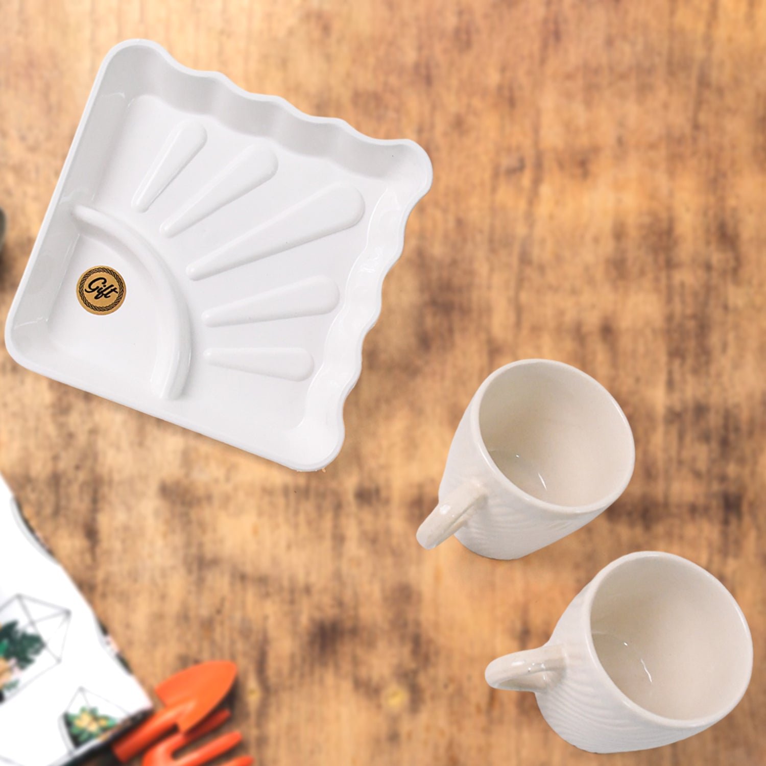Ceramic Tea Cup Set – Includes Plastic Square Serving Platter