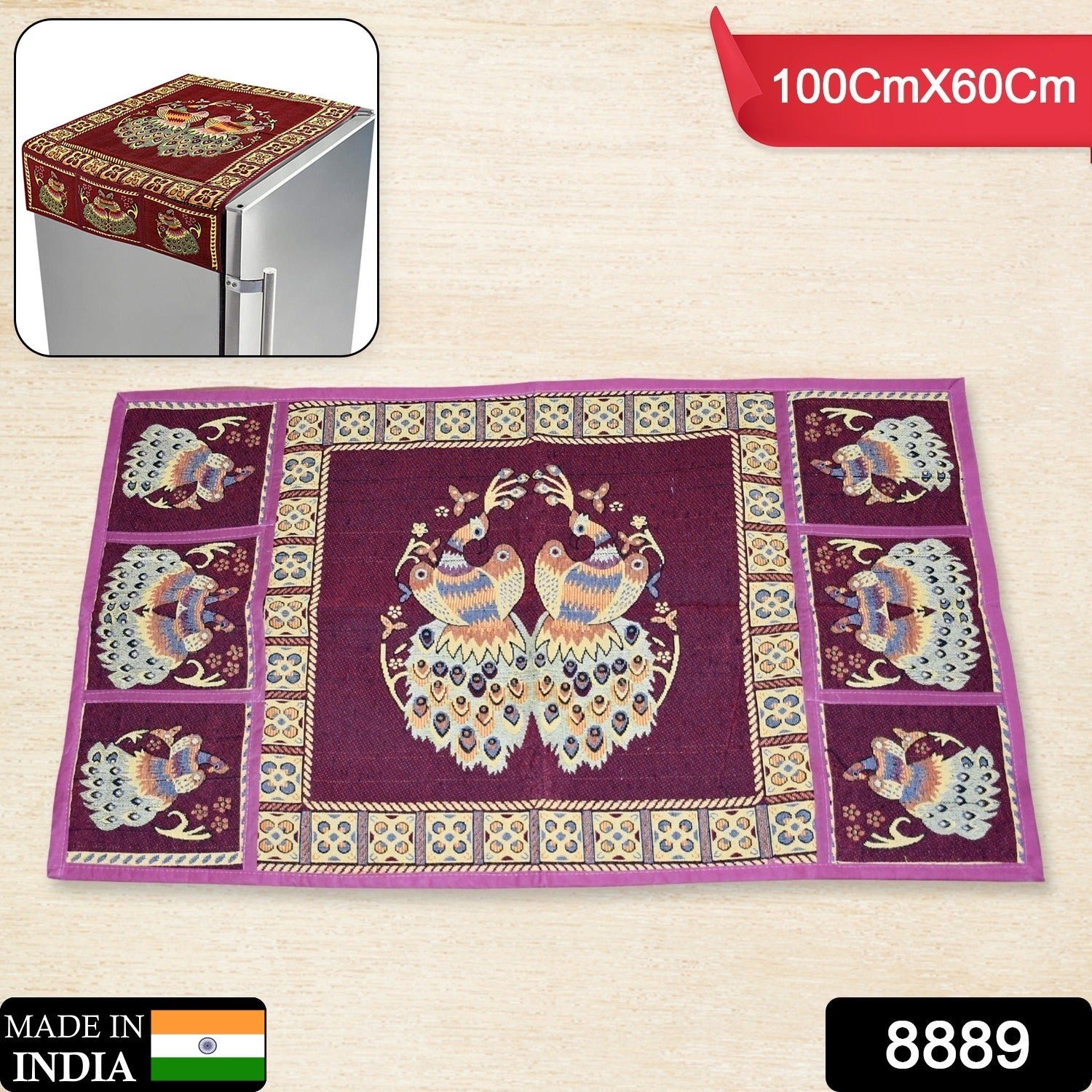 Cotton Fridge Top Cover – Peacock Design with Pockets | Dabster