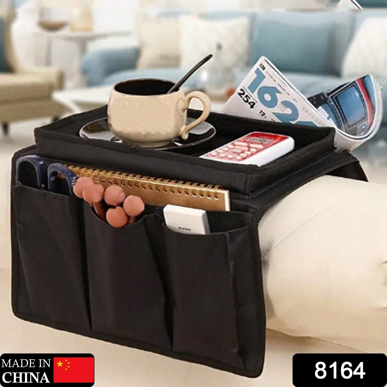 Sofa Armrest Organizer – Black Storage Caddy with Tray | Organivo