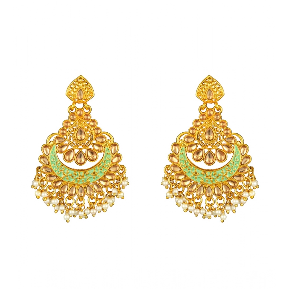 Generic Women's Rose Gold Plated Alloy Kundan Earrings & Mangtikka (Green) - Image 3