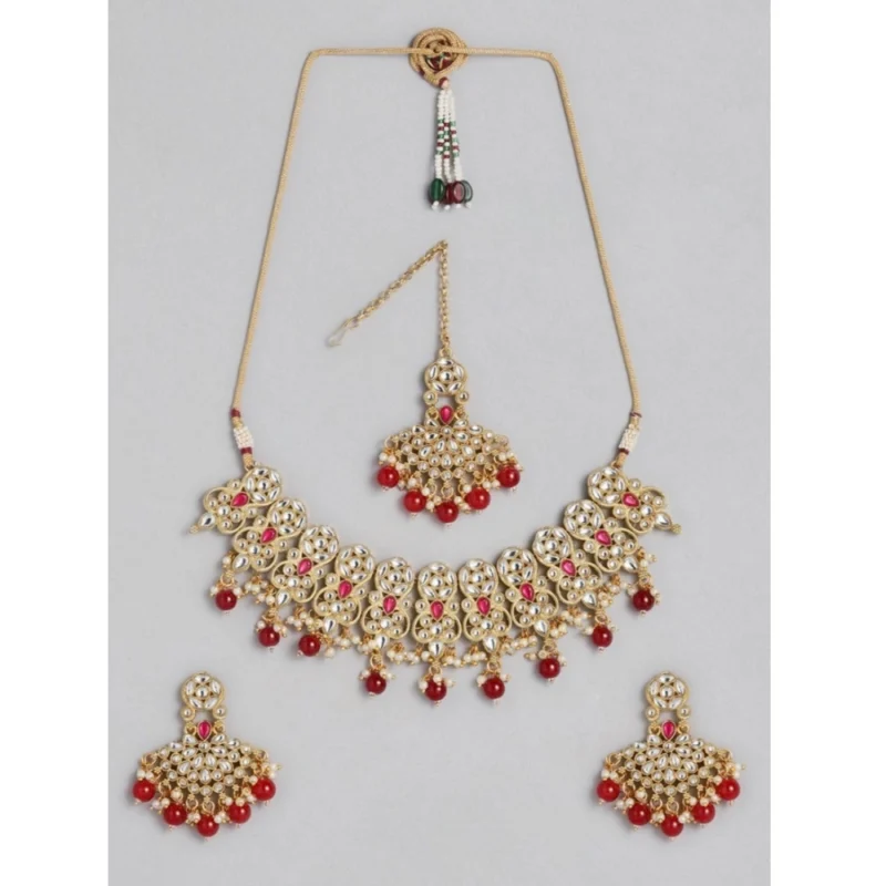 Generic Women's Rose Gold Plated Alloy Necklace & Earings Set (Red)