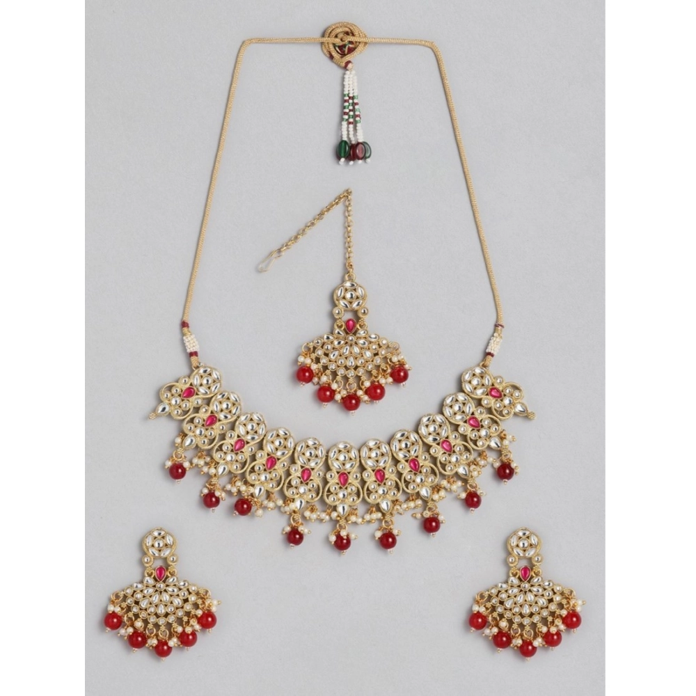 Generic Women's Rose Gold Plated Alloy Necklace & Earings Set (Red)
