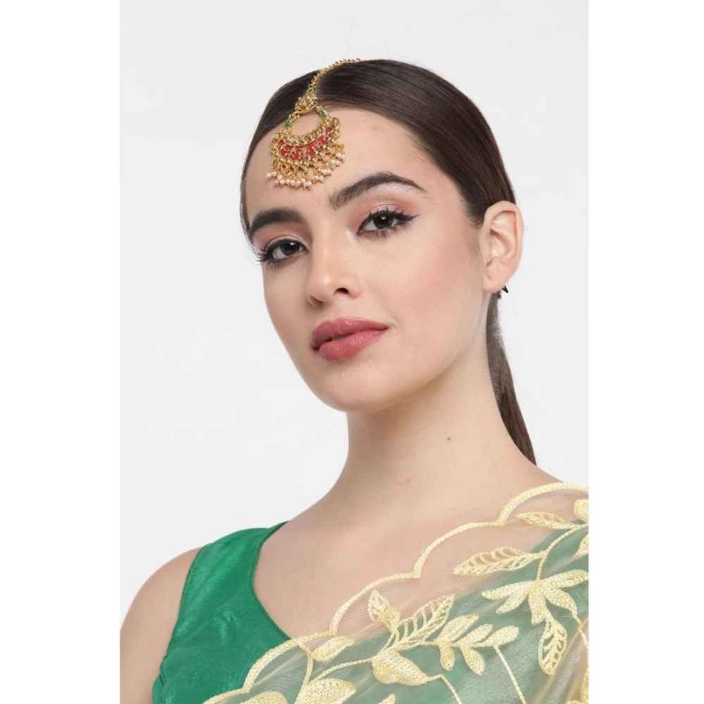 Generic Women's Rose Gold Plated Alloy Kundan Earrings & Mangtikka (Red & Green) - Image 4