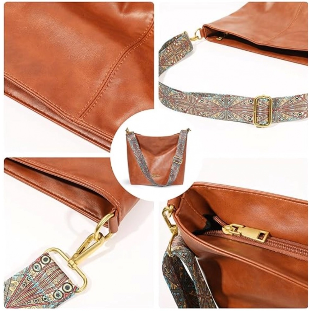 Women's PU Leather Medium Sling bag Zipper Handbag (Brown) - Image 2