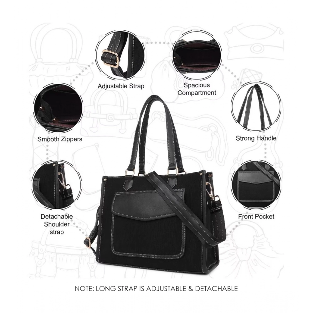 Women's Canvas Medium Top handle Satchel Zipper Handbag (Black) - Image 3