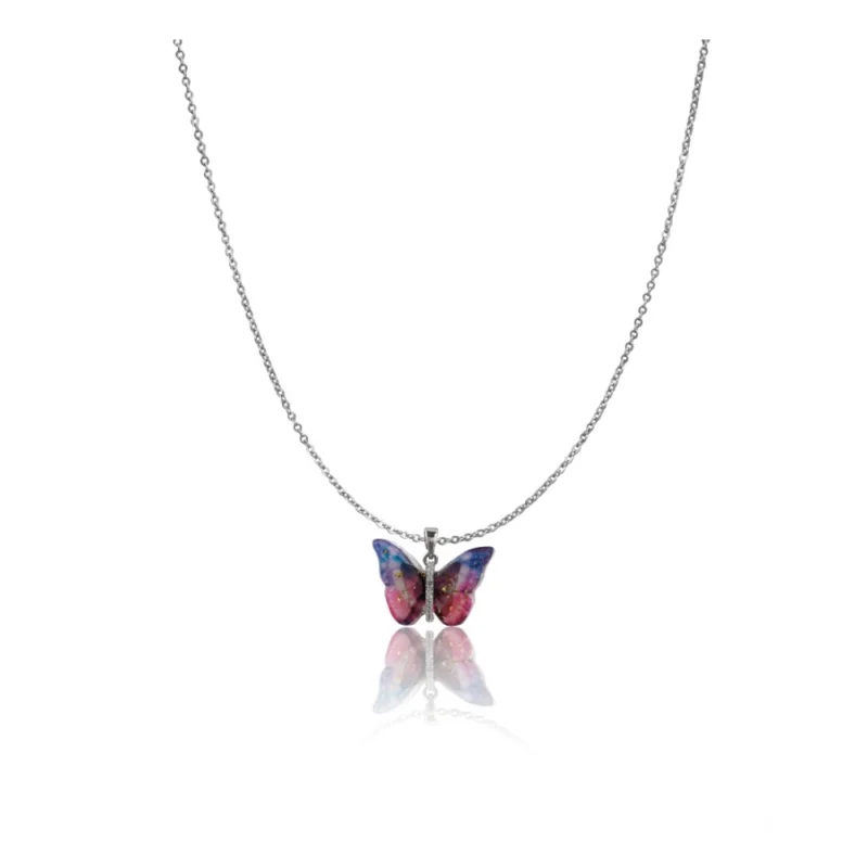 Generic Women's Stainless Steel Colorful Butterfly Pendent Dailywear chain (Silver Plated)