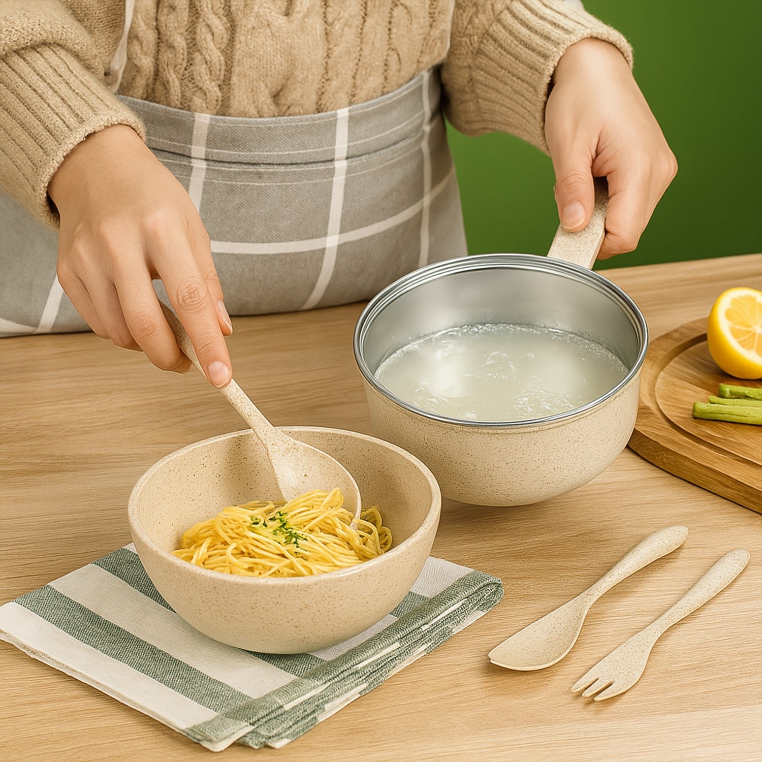 Wheat Straw Rice Bowl Set – 6 Pcs, Lid & Cutlery | Jiaqi