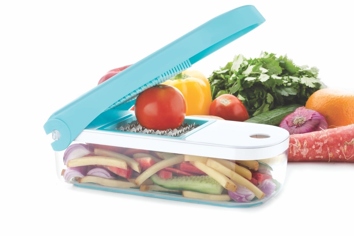 61V91tcWUoL._SL1200 Vegetable Dicer 7-in-1 – Blue Plastic & Steel Blades | Ganesh