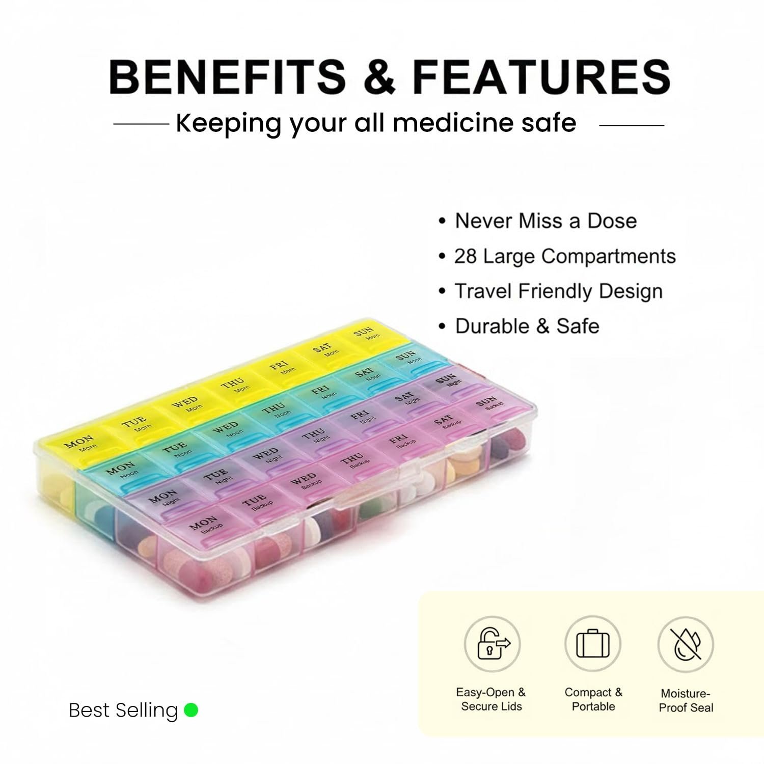 Weekly Pill Organizer – 28-Slot Portable Medicine Box | Organivo