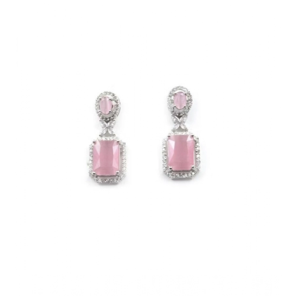 Generic Women's Brass Silver Plated Drop Earrings (Pink) - Image 4