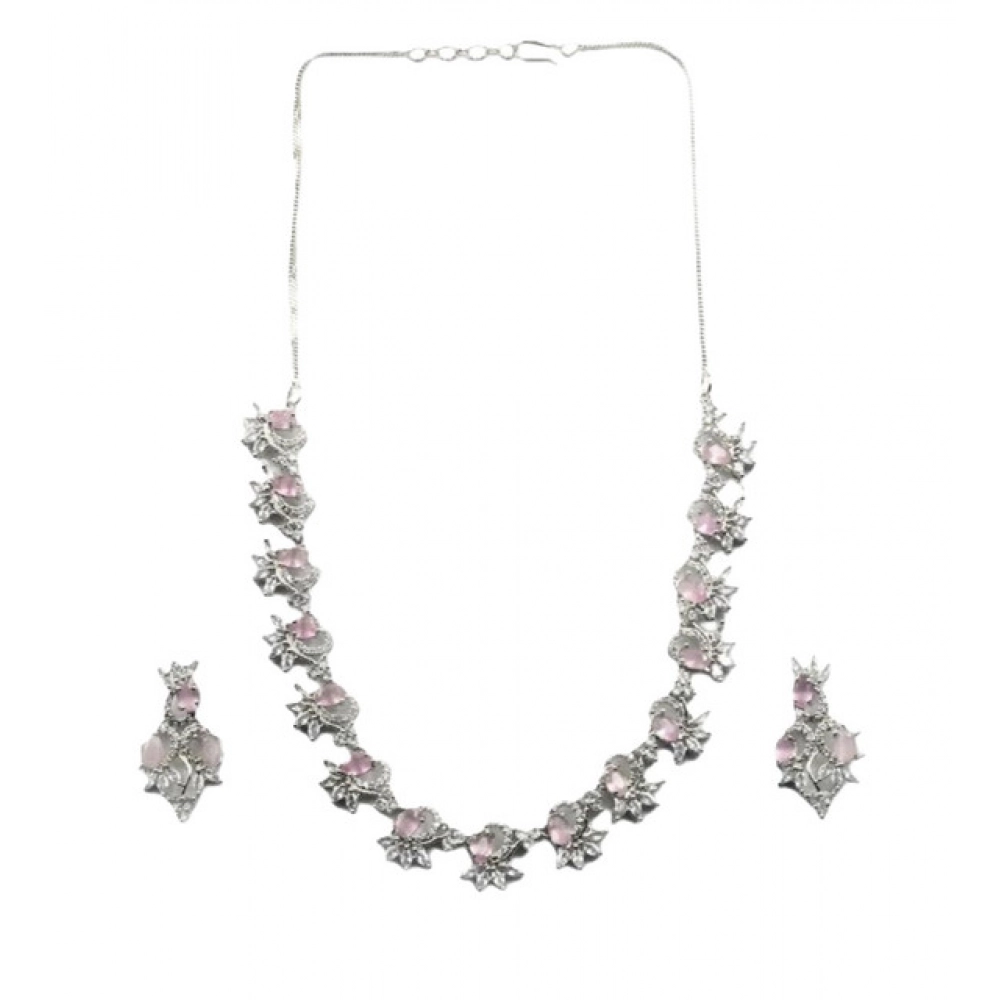 Generic Women's Brass Silver Plated Necklace set (Pink) - Image 3