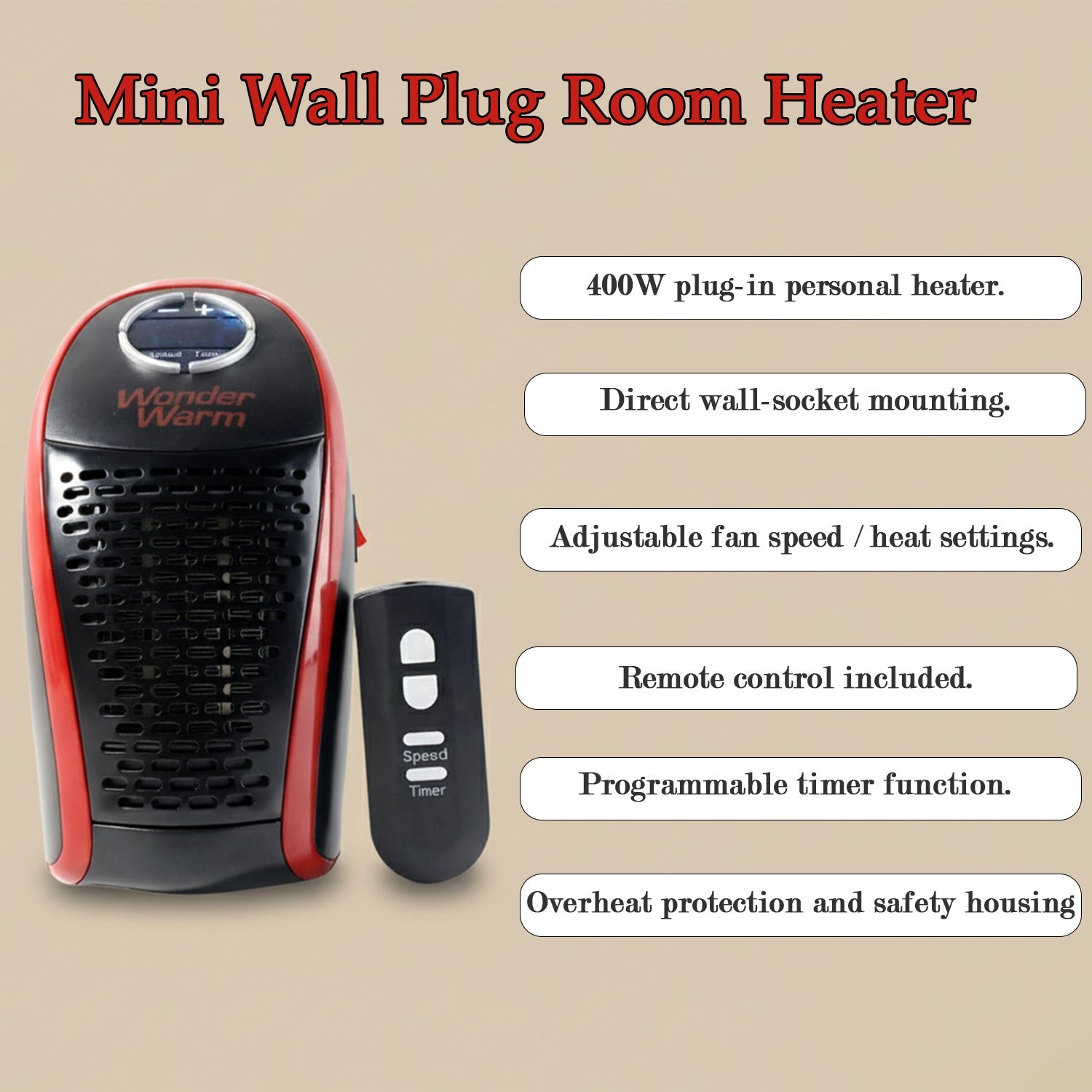 400W Wall Plug Room Heater – Compact Heating with Remote Control