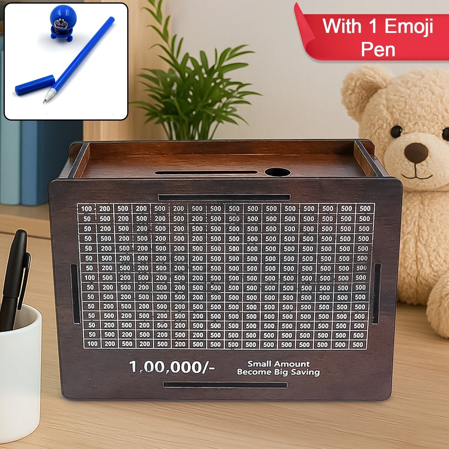 Wooden Piggy Bank – Fun Savings Challenge with Emoji Pan