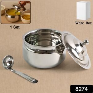 Stainless Steel Ghee Pot with Lid & Spoon – Mirror Finish