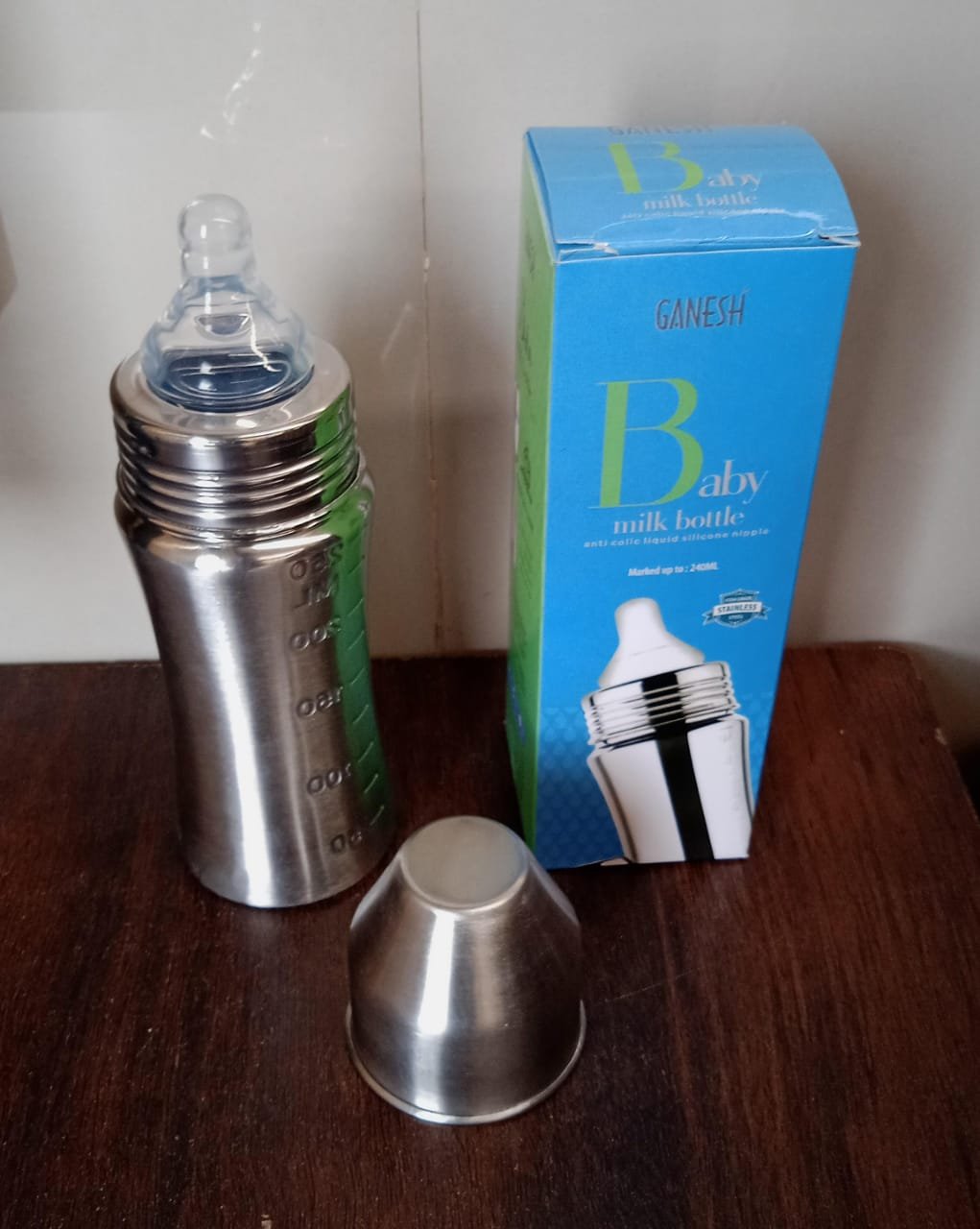 7a07dc5a-8c1c-4ea9-9691-c8a927e1de8c Ganesh Stainless Steel Baby Bottle – 250ml Anti-Colic Nipple