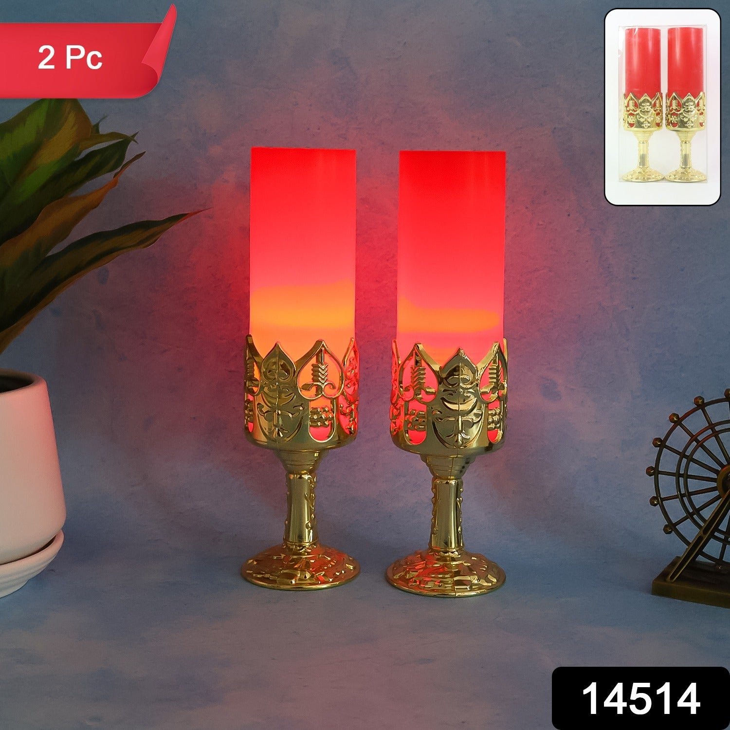 LED Candle Light Lamps – Elegant Golden Stand Set of 2