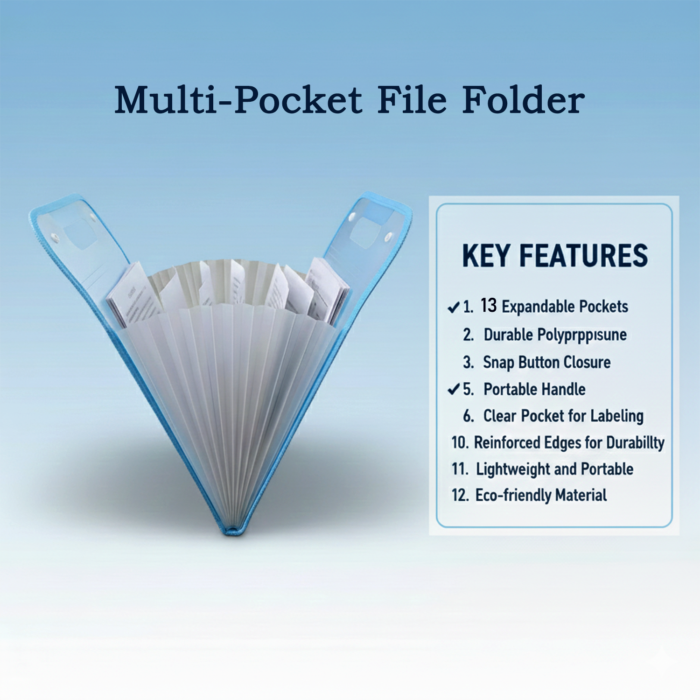 8768_13_pocket_file_folder_37x24cm 13 Pocket Document File Folder – Expanding Plastic with Handle