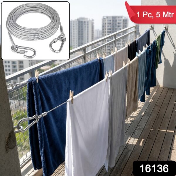 Heavy Duty Steel Clothesline – 5 Meter Wire Rope with Carabiner Hooks