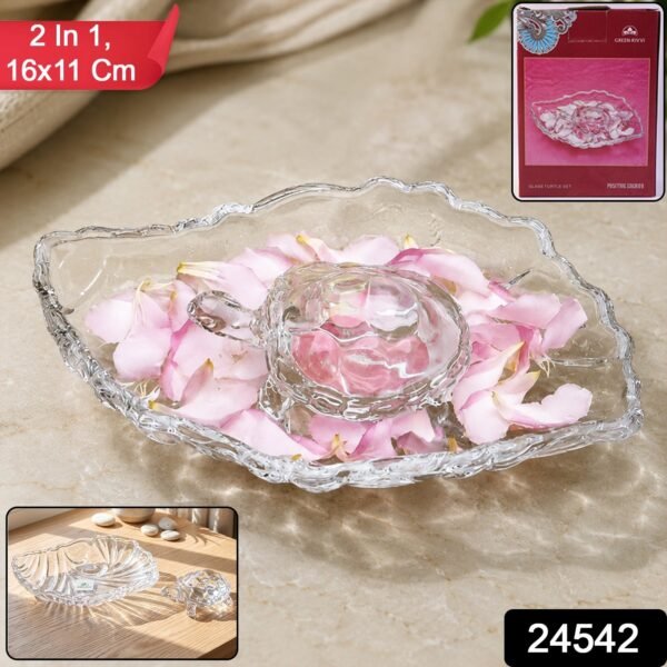 Crystal Glass Turtle with Plate Tray Set for Vastu and Home Decor (2 Pc Set)