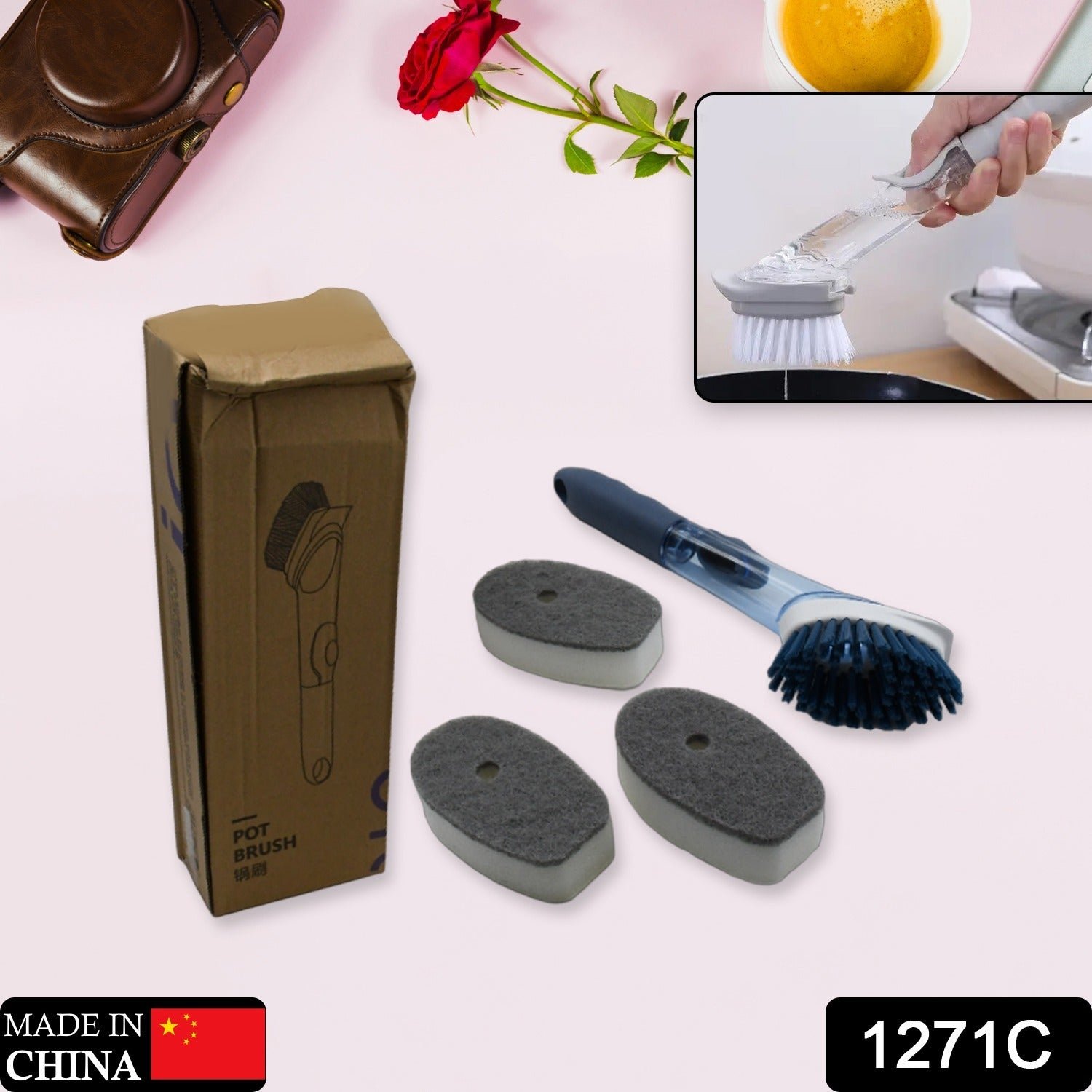 Soap Dispensing Dish Brush – 1 Handle & 3 Refills | VelvetBubbles
