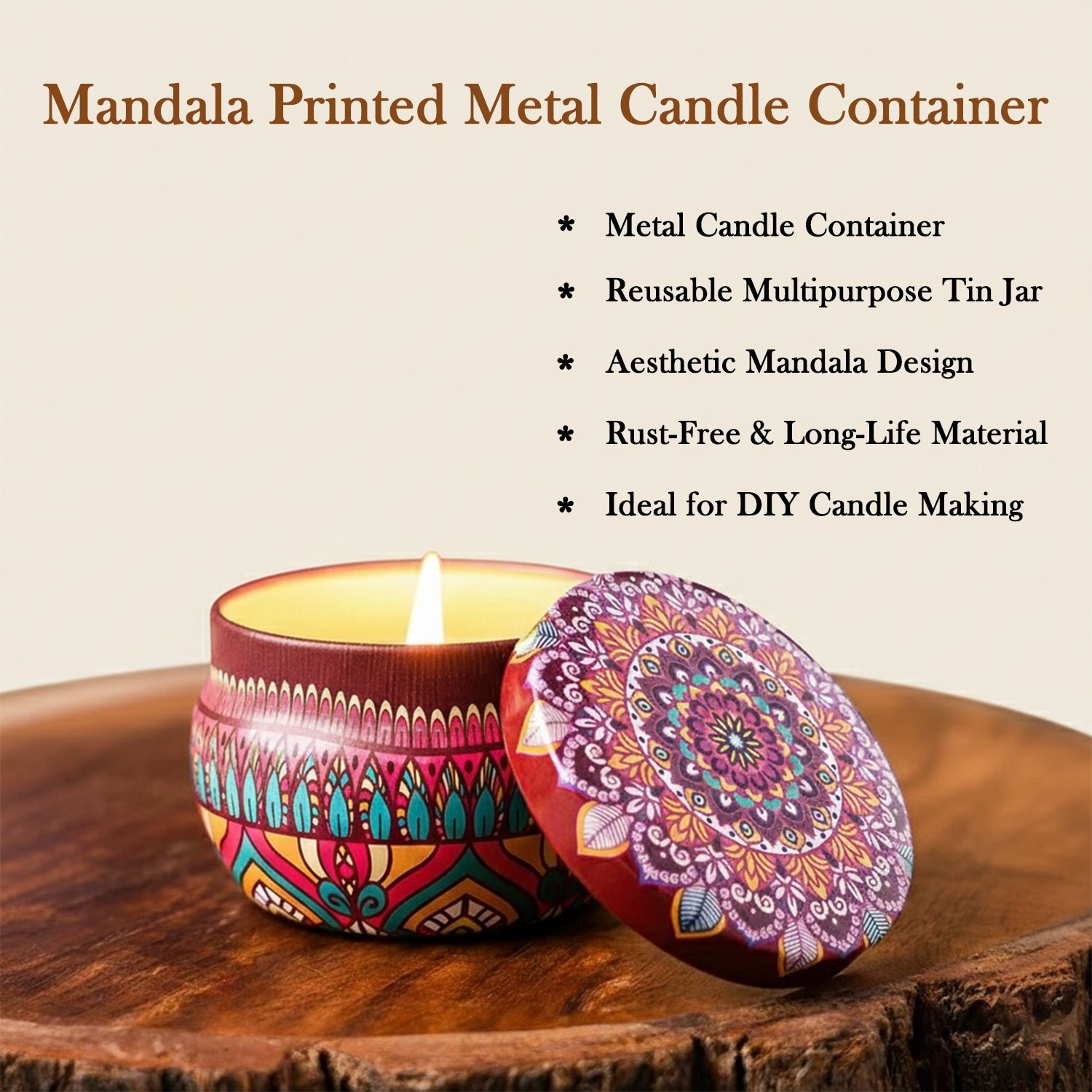 Mandala Printed Metal Candle Container – Reusable 4 Piece Set