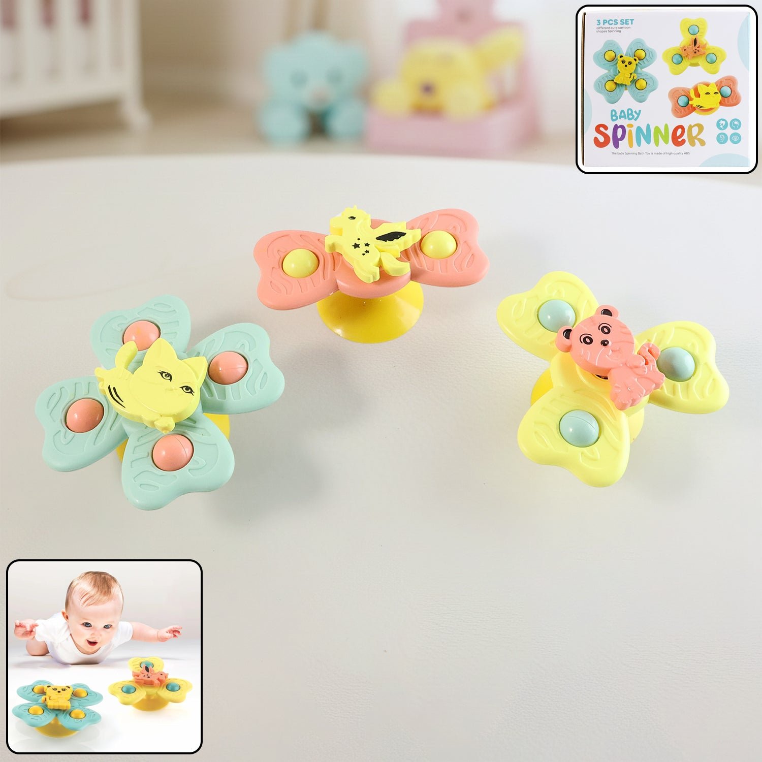 Baby Spinner Toy Set – 3-Pc Suction Cup Spinning Toys for Sensory Play