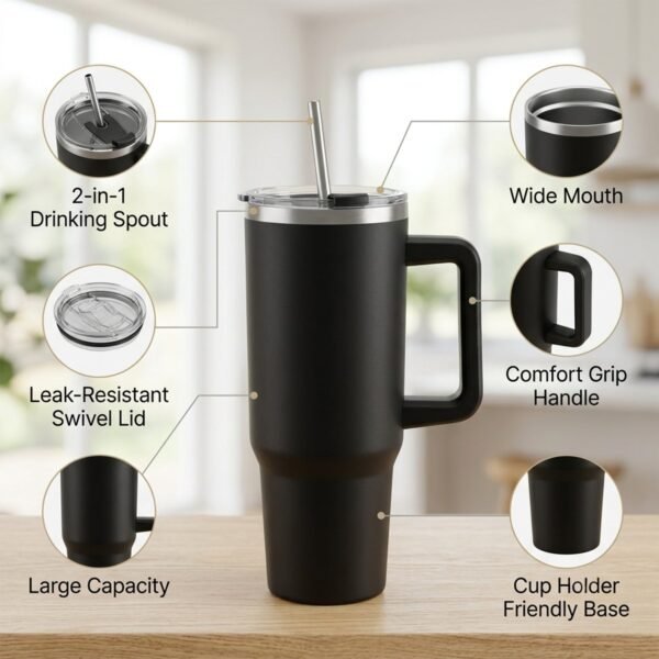 Konvex Hydra Insulated Travel Tumbler 1200 ML with Handle Straw Black (1 Pc)
