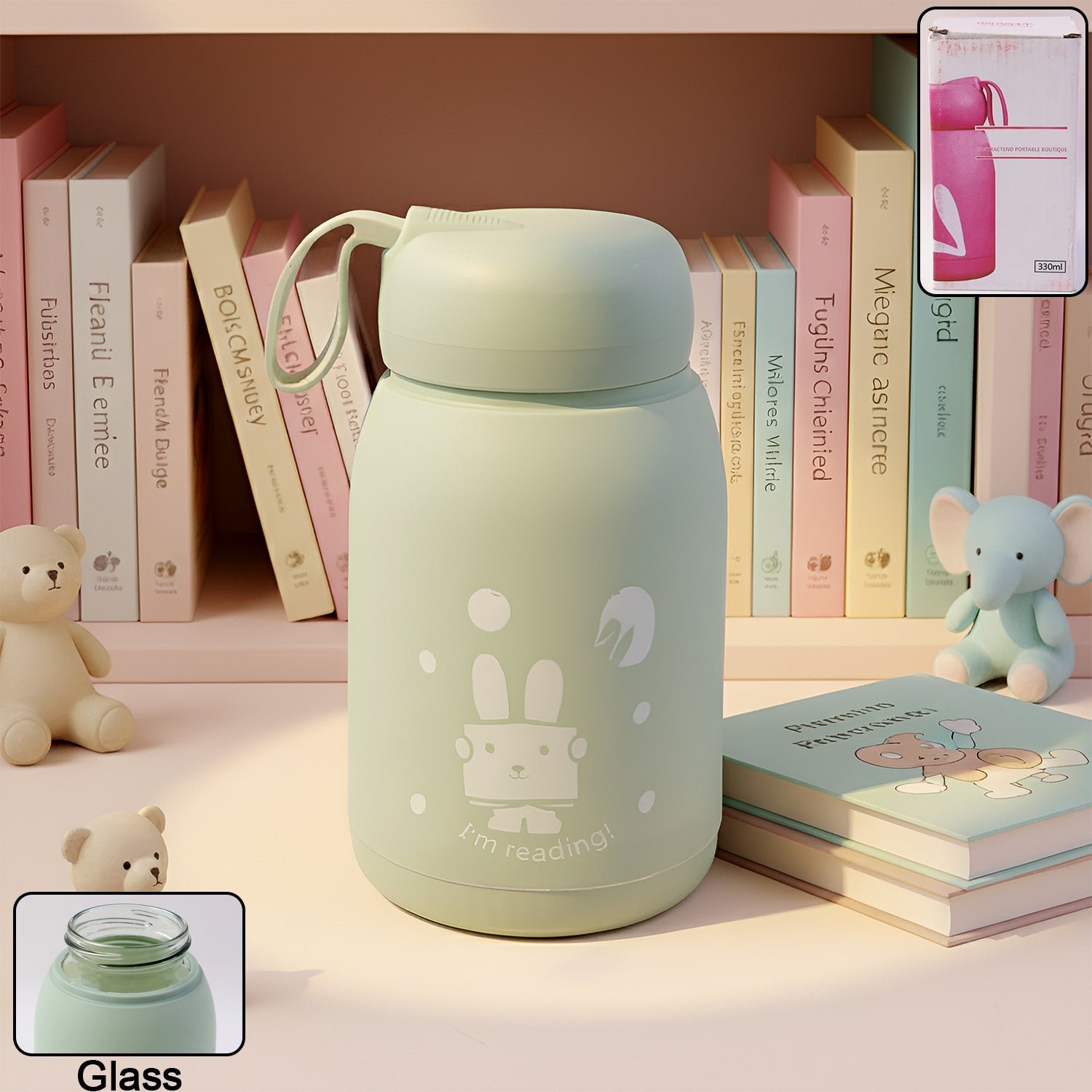 Rabbit Printed Insulated Glass Water Bottle – Leak Proof 330ml