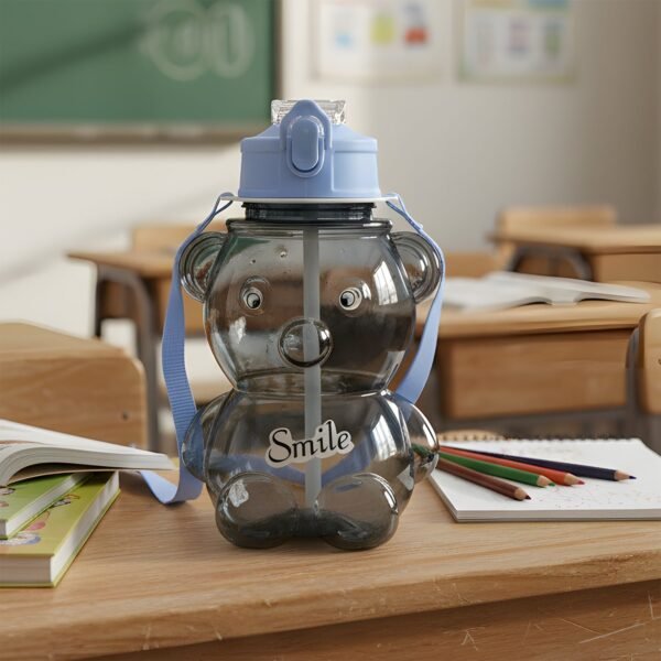 Kids Water Bottle – Cartoon Bear Shape with Straw & Strap