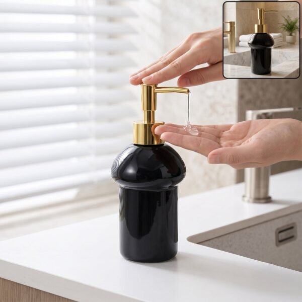 Black Glass Liquid Soap Dispenser Bottle with Gold Pump Refillable (1 Pc)