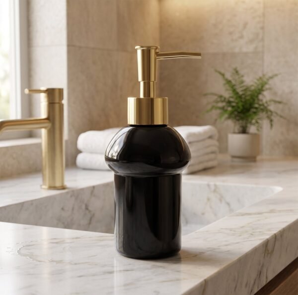 Black Glass Liquid Soap Dispenser Bottle with Gold Pump Refillable (1 Pc)