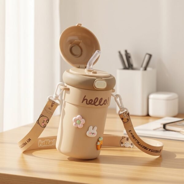 Kids Sipper Water Bottle 450 ml with Bouncing Straw and Carry Strap (1 Pc)