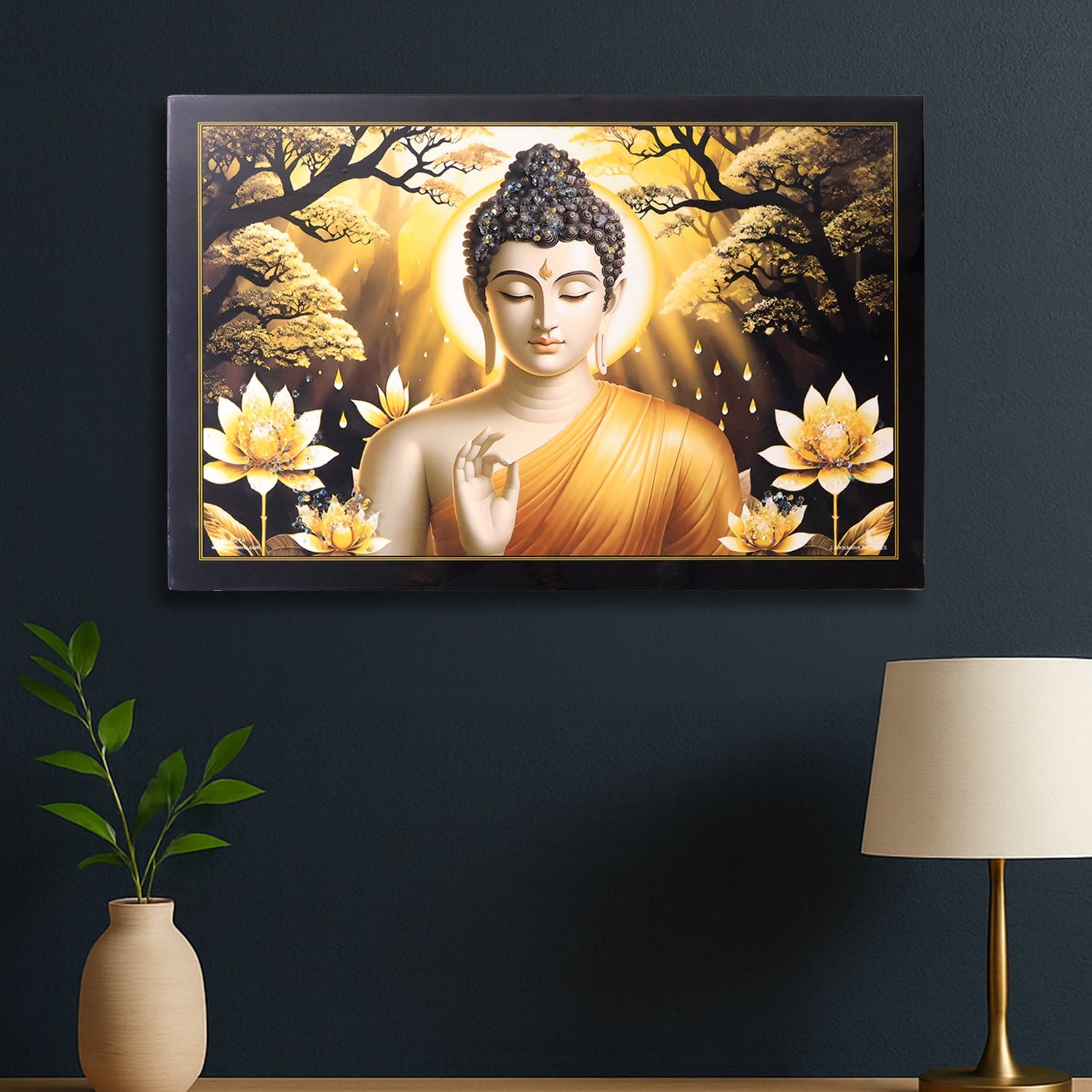 Lord Buddha Wall Painting – Spiritual Decor with Wooden Frame