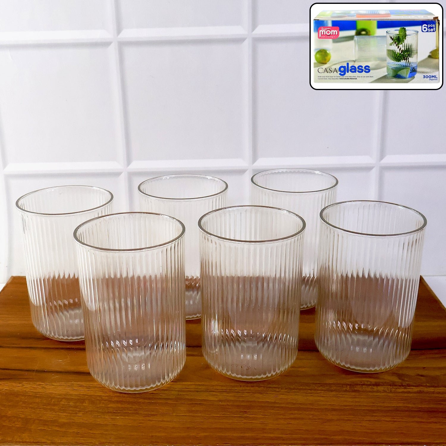 Casa-glaas-01 Plastic Glass Set โ 6 Tall Ribbed 300ml Unbreakable Glasses