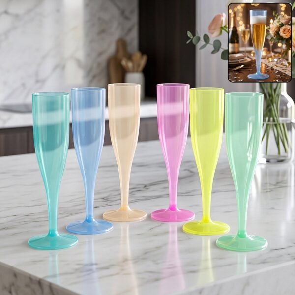 Reusable Plastic Champagne Flutes Wine Glasses Set Assorted Colours (6 Pc Set)