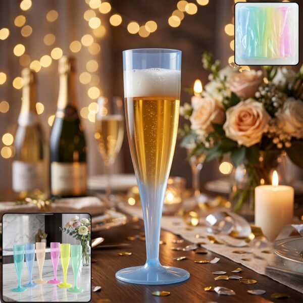 Reusable Plastic Champagne Flutes Wine Glasses Set Assorted Colours (6 Pc Set)